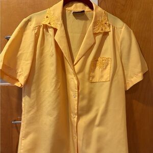 Vintage Rhapsody Yellow Blouse Short Button-Up Shirt Poly